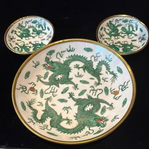 Vintage Japanese Porcelain Ware Green Dragon Bowl Set